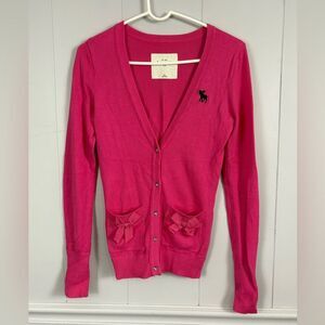 Abercrombie Kids Pink Rhinestone Button Bow Y2K Cardigan Sweater Size XL Preppy